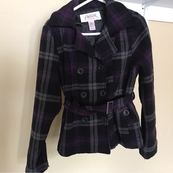 Avia JSzXL Plaid Jacket Dbl Breasted Purple/Blk BeltedLined Long Sleeves Collar - Picture 1 of 5